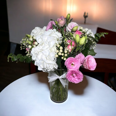 Elegant Revival Radiance Bouquet, Sweet Revival, Hydrangea, Lisianthus, Hypericum, Cylinder Vase, Ribbon
